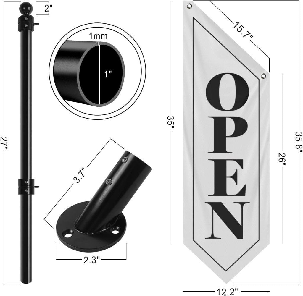 Vintage Style Open Flag, Double - Sided Three - ply Hanging Open Sign with Pole and Mounting Kit (White - B, 27")